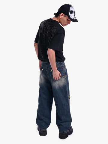 Vintage Embroidered Washed Raw-Edge Graffiti Scimitar Jeans 