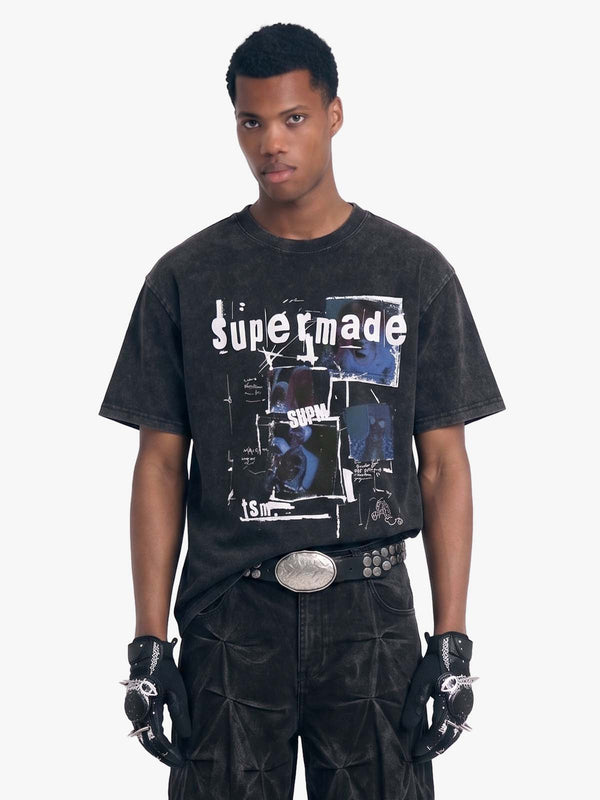 T-shirt noir délavé à imprimé graphique façon collage