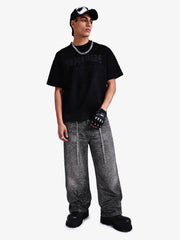 Denim Distressed Belt Diamond Decorated Jeans 