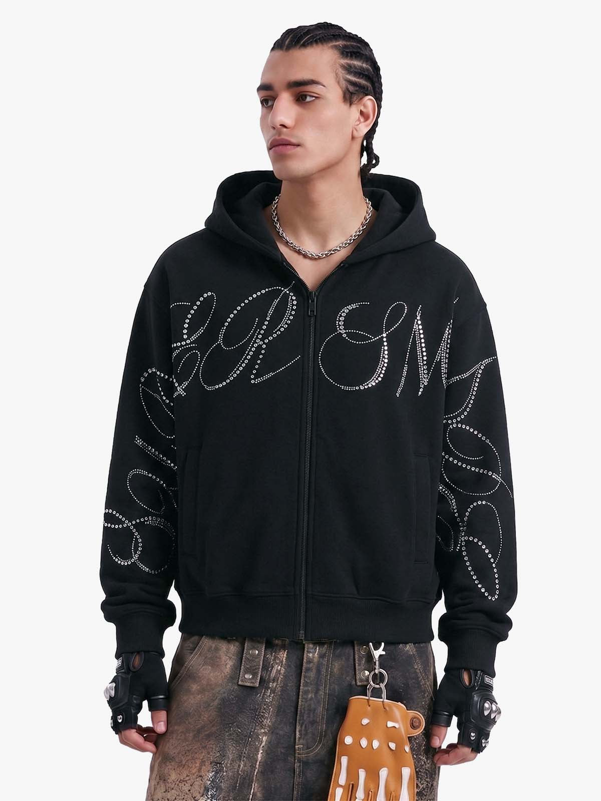 Street Hip-Hop Rhinestone Cropped Zip Up Hoodie