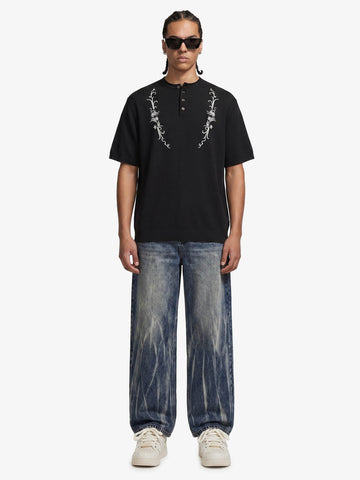 Graphic Floral Knit Henley T-Shirt 