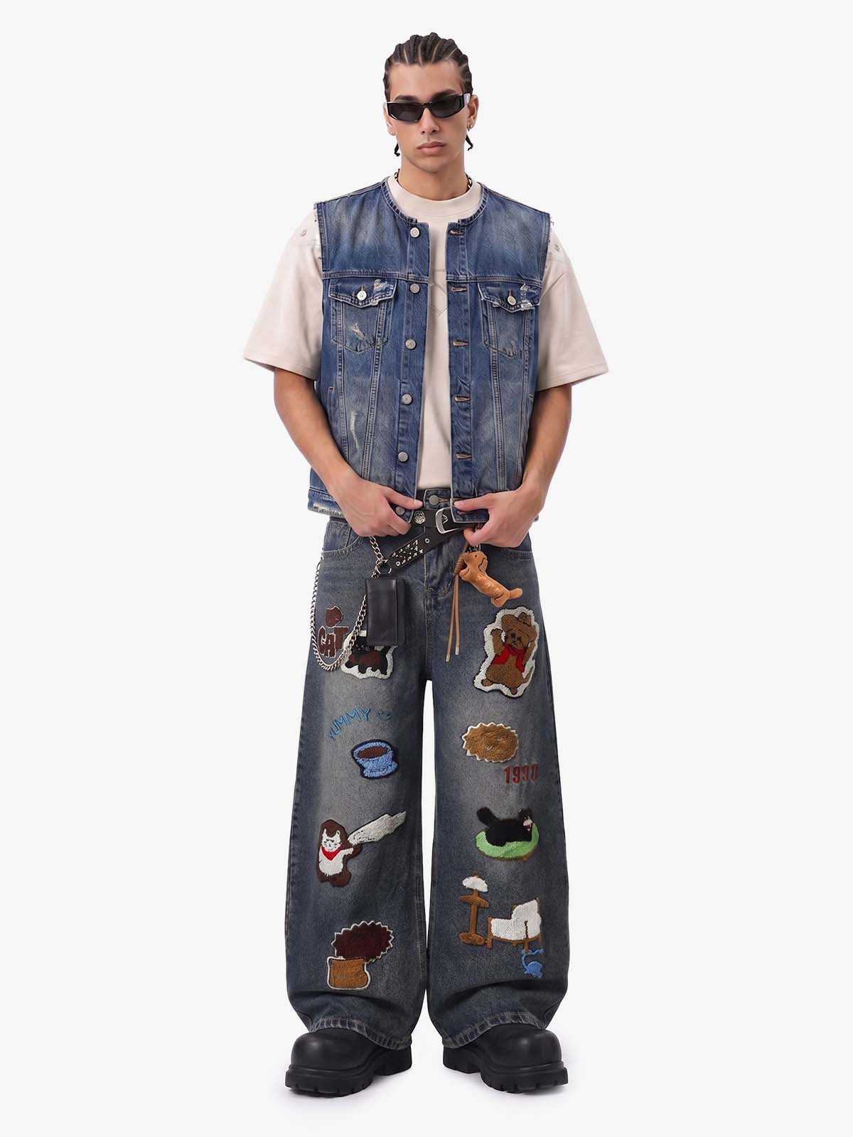 Retro Cartoon Graphic Heavy Embroidery Barrel Jeans - 2562 