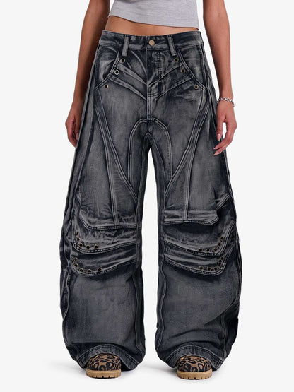 Grunge Deconstructed Eyelet Baggy Jeans