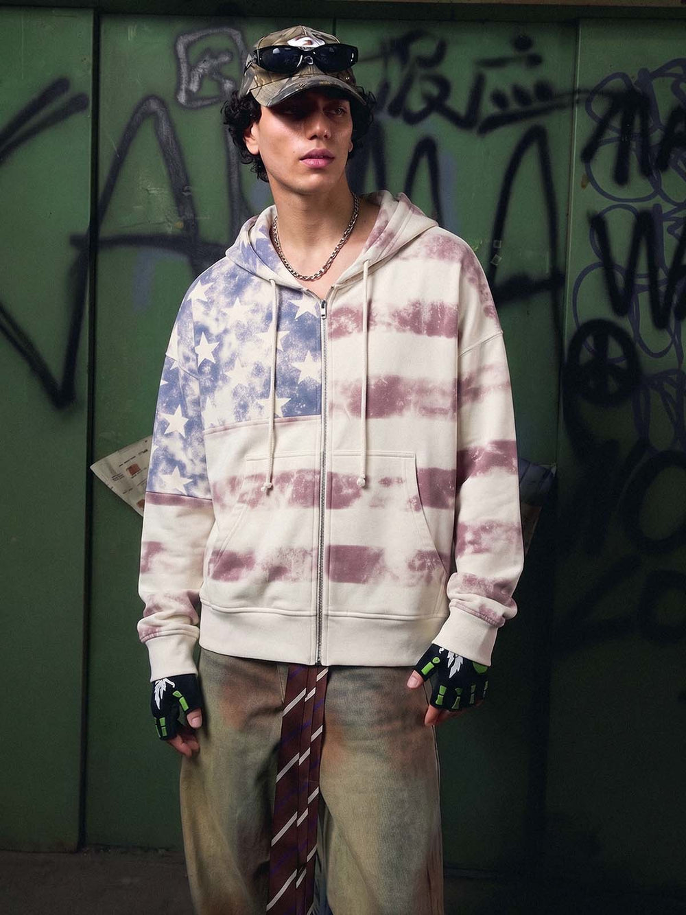 Distressed Star Stripe Graphic Zip-Up Hoodie