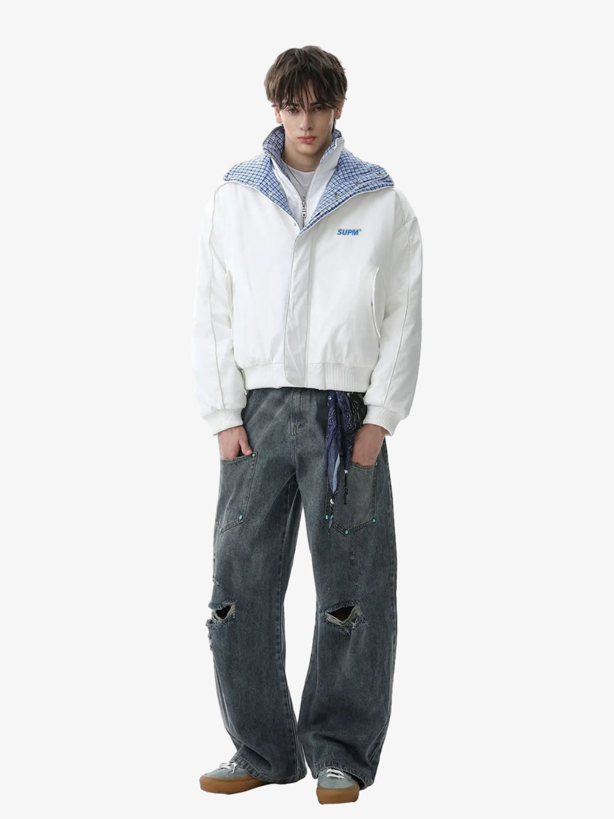 Retro Layered Look Plaid Collar Padded Jacket 