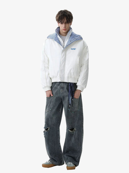 Retro Layered Look Plaid Collar Padded Jacket 