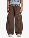Retro Double-Waist Leopard Patch Barrel Pants - 2564