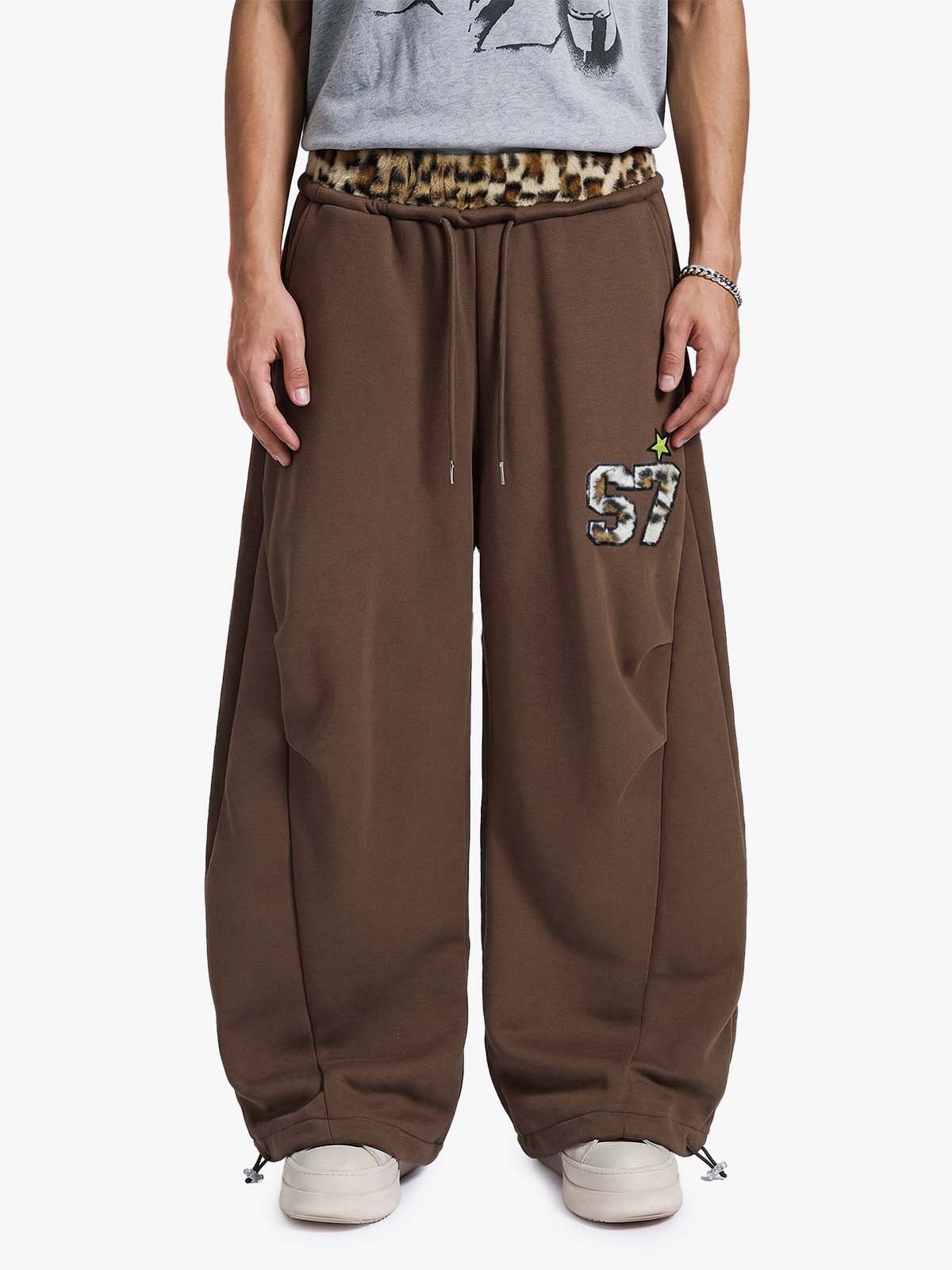Retro Double-Waist Leopard Patch Barrel Pants - 2564 
