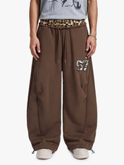 Retro Double-Waist Leopard Patch Barrel Pants - 2564 