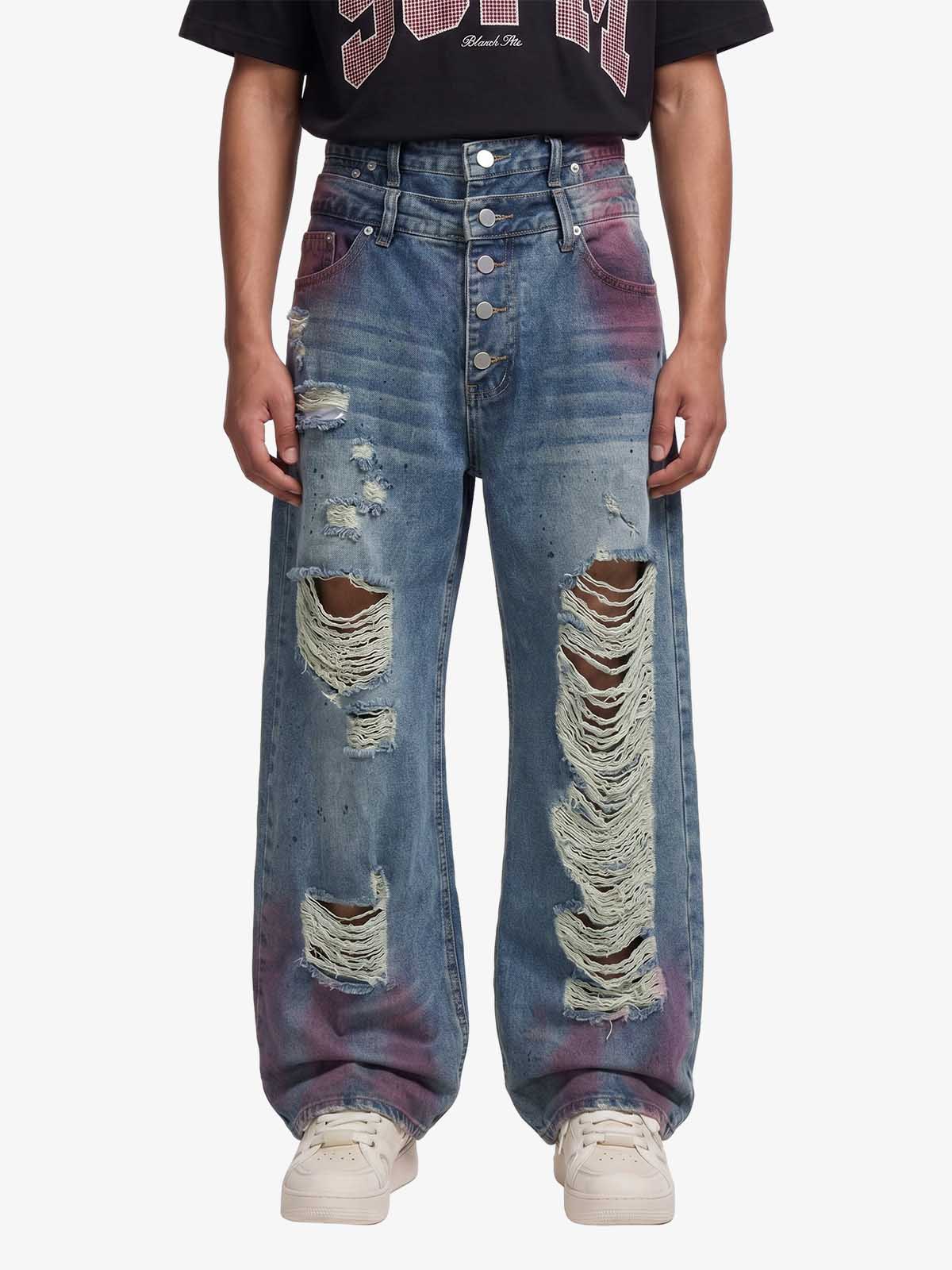 Double-Waist Distressed Wide-Leg Jeans 