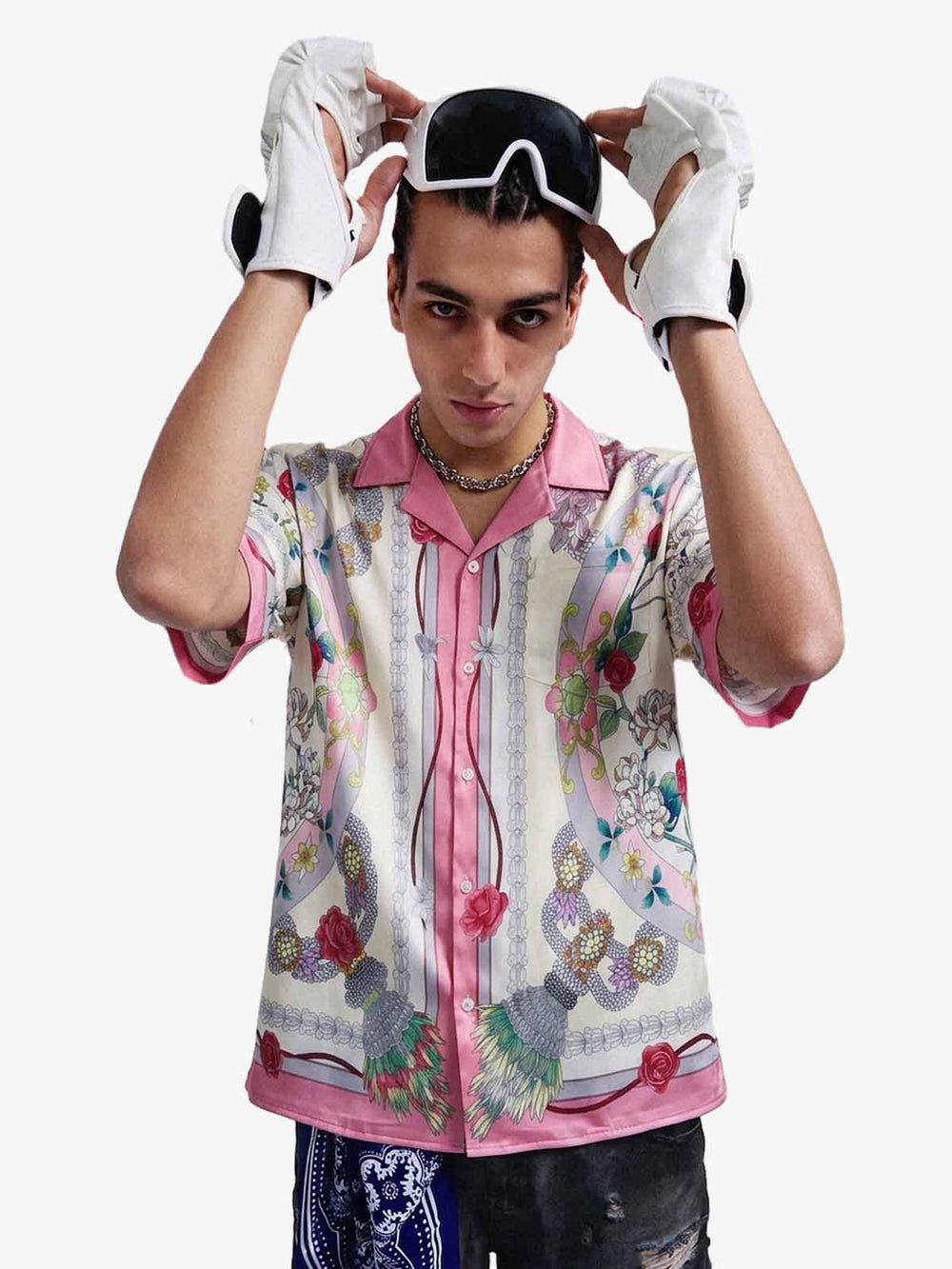 Baroque Floral Satin Camp Collar Boxy Shirt 