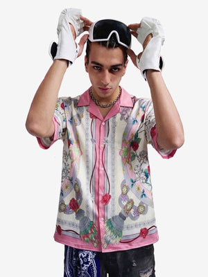 Baroque Floral Satin Camp Collar Boxy Shirt 