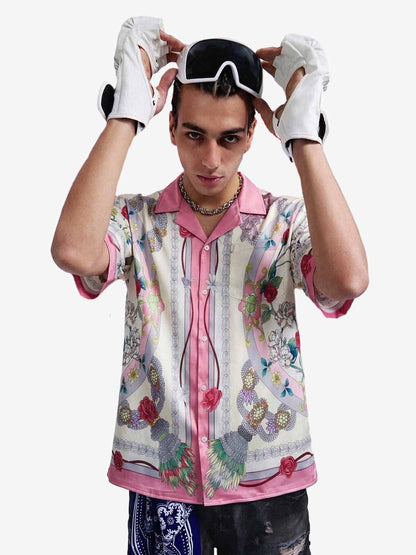 Baroque Floral Satin Camp Collar Boxy Shirt 