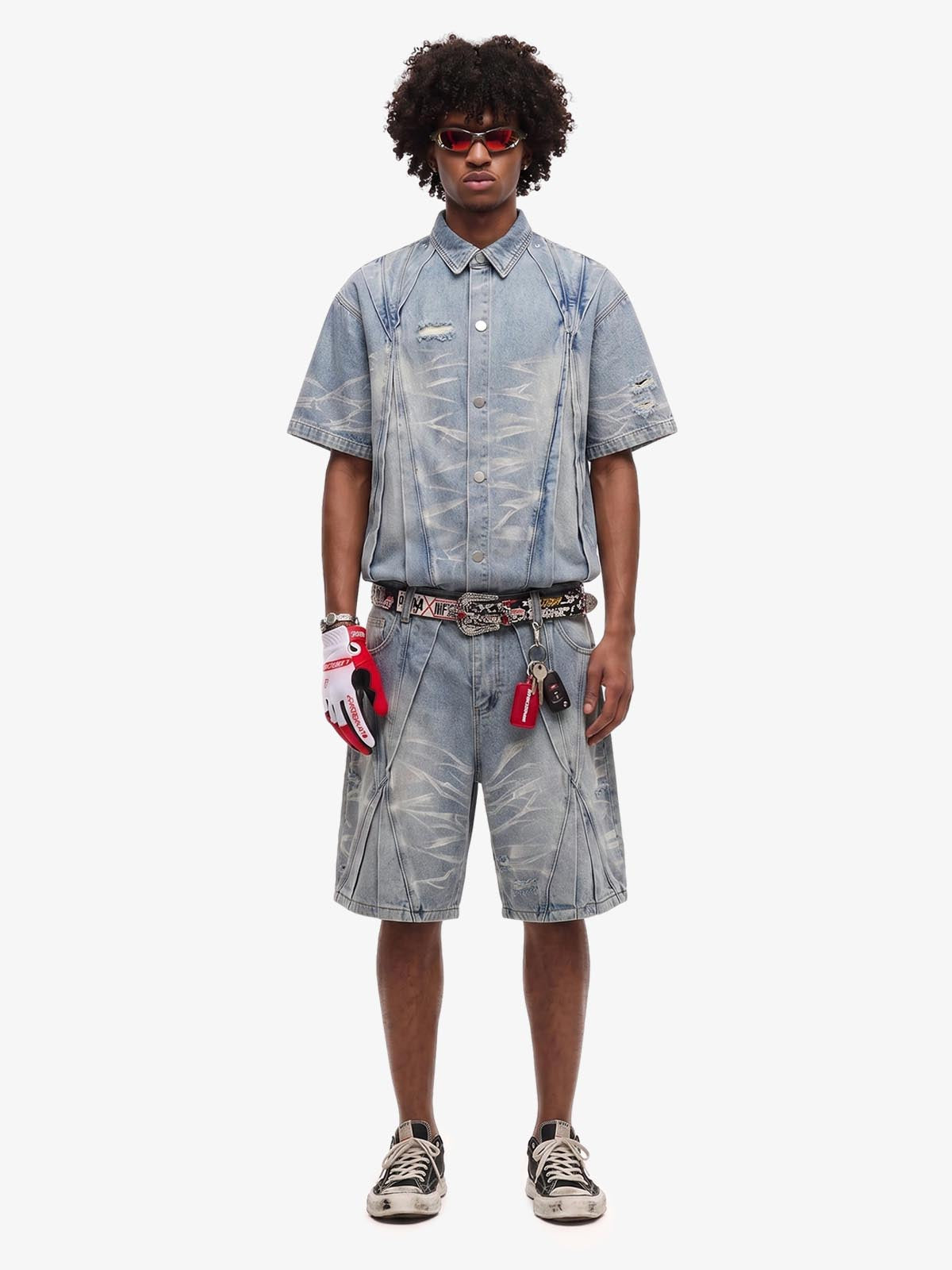 Washed Black Branch Print Deconstructed Denim Set 
