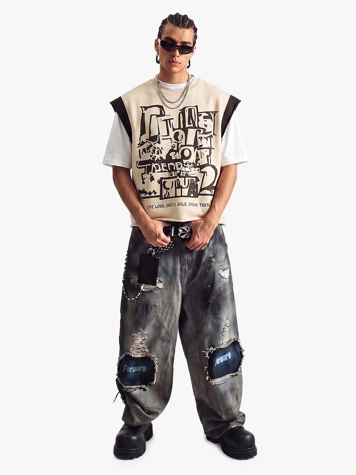 Graffiti Graphic Contrast Trim Raw Edge Sleeveless T-Shirt 