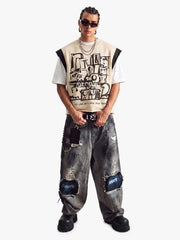Graffiti Graphic Contrast Trim Raw Edge Sleeveless T-Shirt 