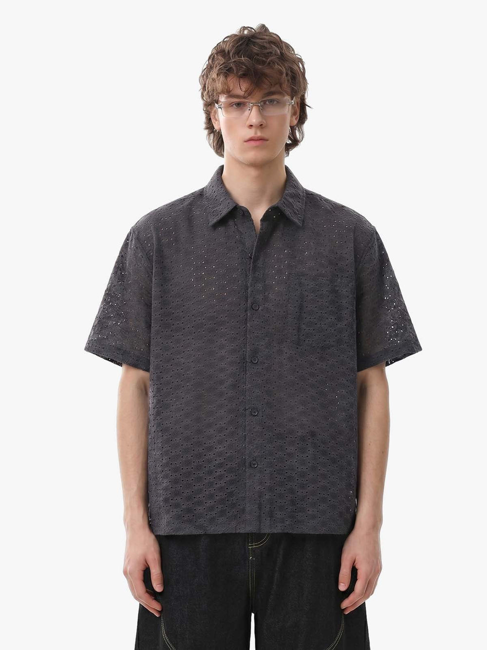 Perforated Acid-Wash Short Sleeve Shirt 
