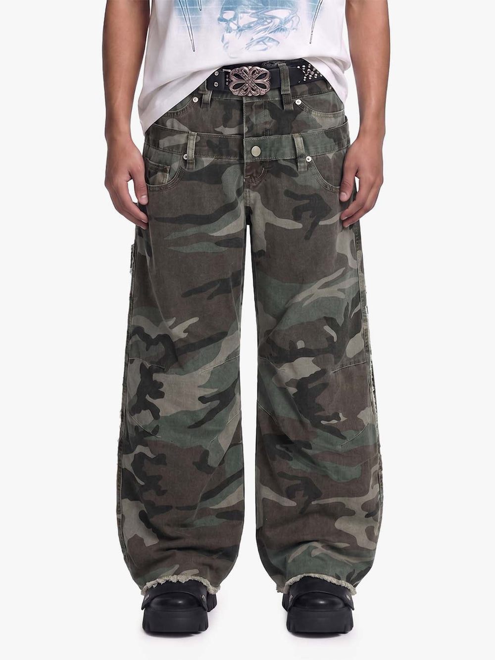 Retro Double Waist Camouflage Barrel Pants - 2555 