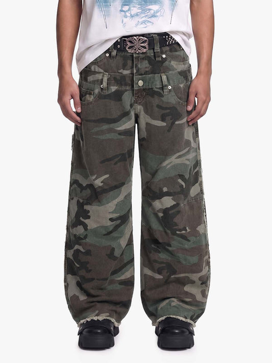 Retro Double Waist Camouflage Barrel Pants - 2555