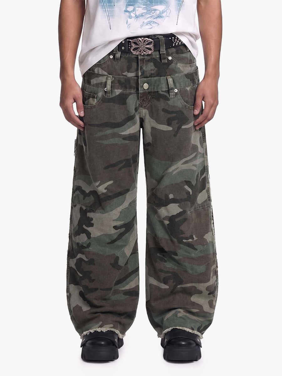 Retro Double Waist Camouflage Barrel Pants - 2555 