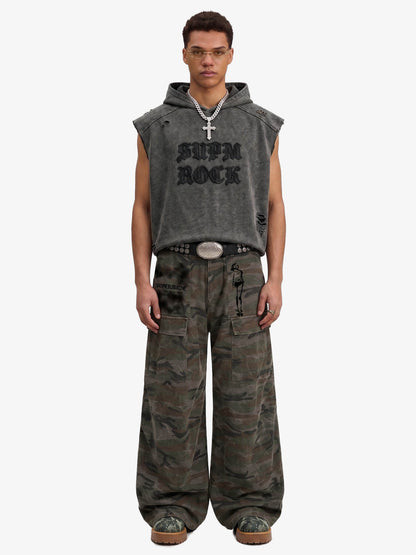 Distressed Washed Sleeveless Hoodie 
