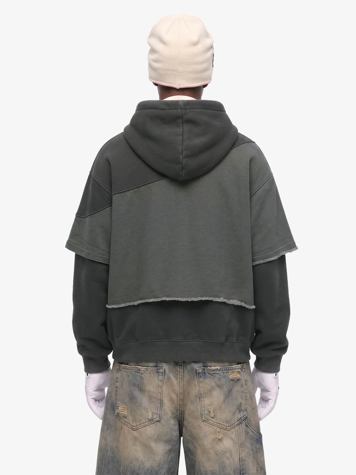 Distressed Patchwork Raw-Edge Layered-Hem Fleece Hoodie 