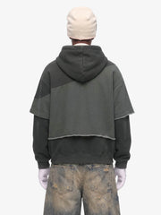 Distressed Patchwork Raw-Edge Layered-Hem Fleece Hoodie 