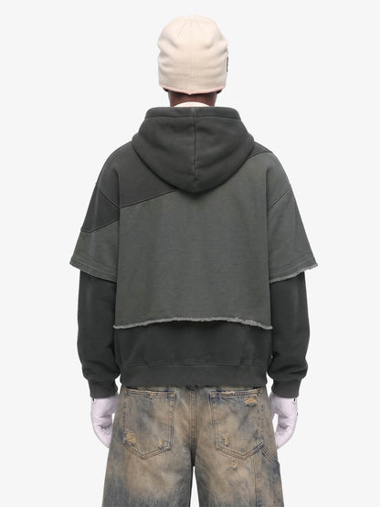 Distressed Patchwork Raw-Edge Layered-Hem Fleece Hoodie 