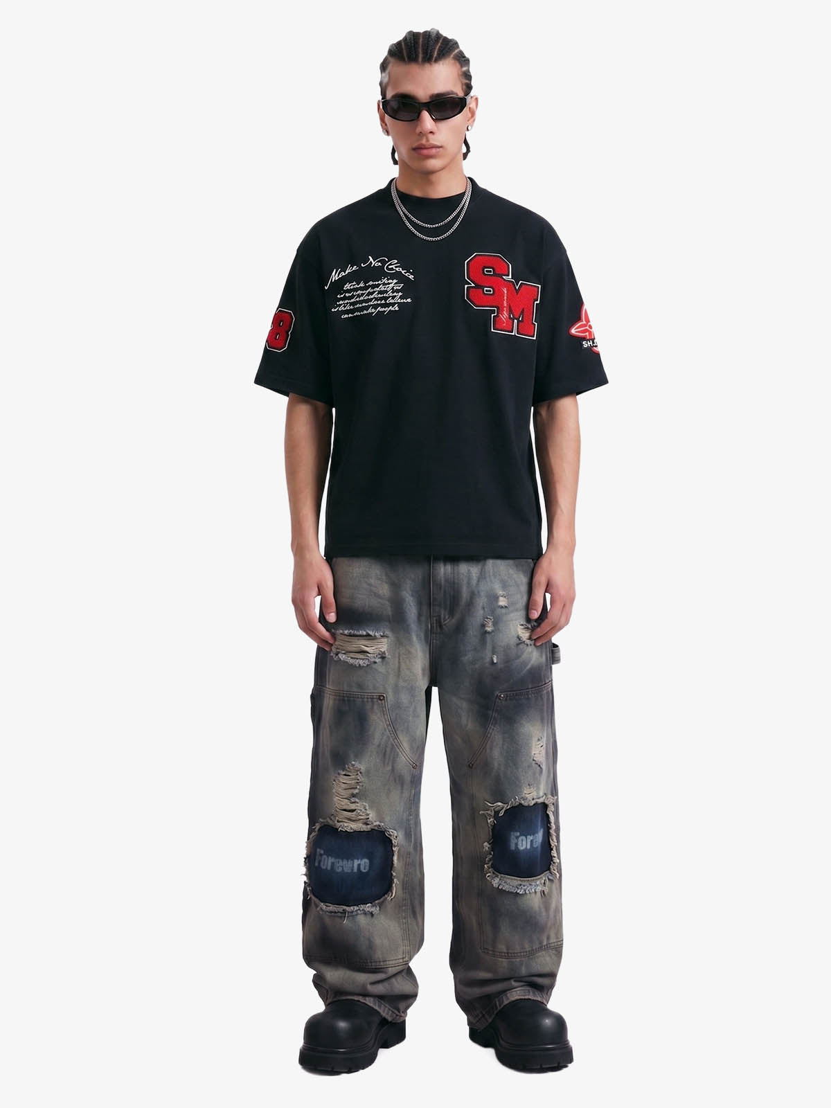 Retro Motorcycle Style Heavy Patch Embroidered T-shirt 