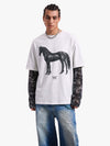 T-shirt a maniche lunghe con stampa leopardata e cavallo a strati