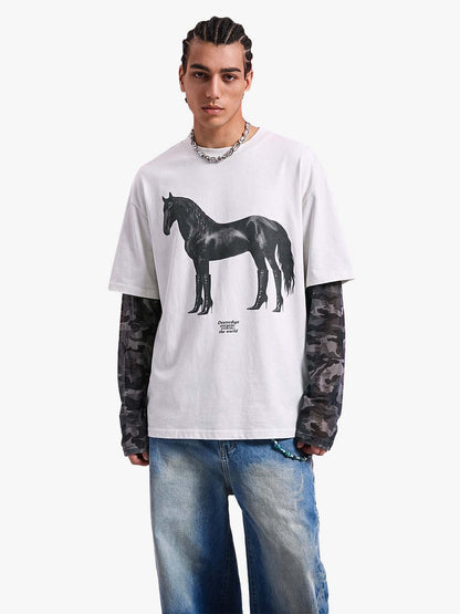 Layered Leopard Horse Graphic Long Sleeve T-Shirt 