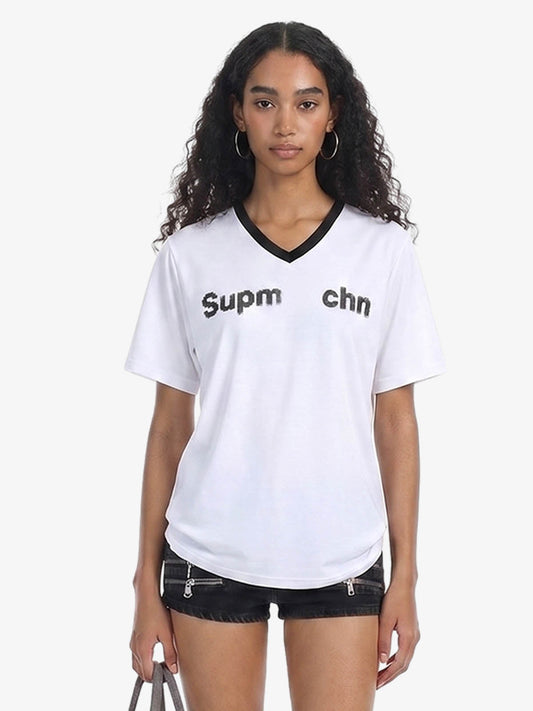Contrast V Neck Letter Print T-Shirt 