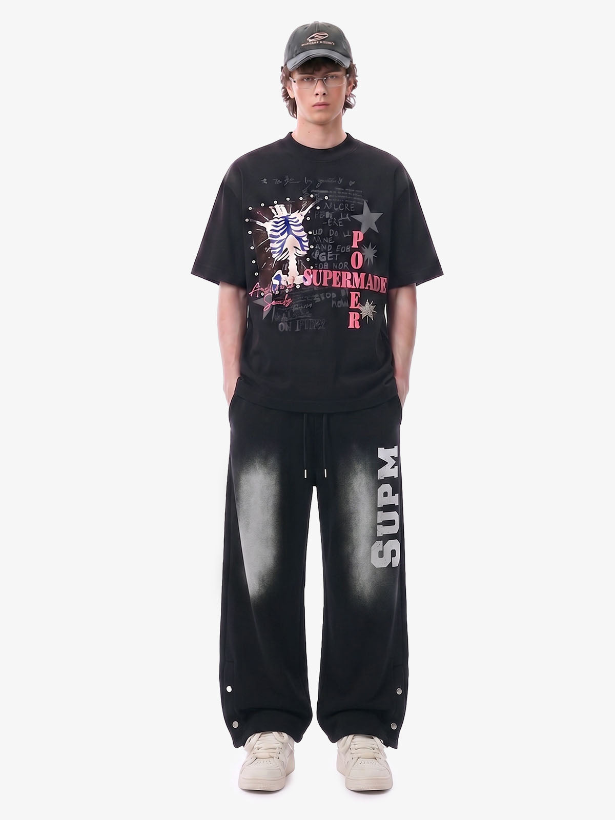 French Terry Distressed Gradient Drawstring Wide Leg Pants 