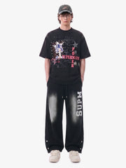 French Terry Distressed Gradient Drawstring Wide Leg Pants 