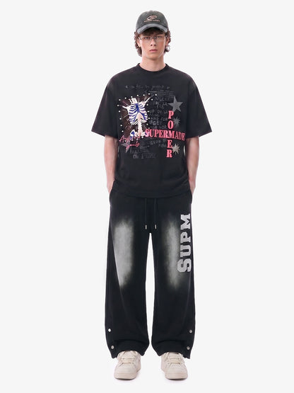 French Terry Distressed Gradient Drawstring Wide Leg Pants 