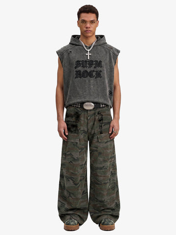 Faded Camo Graphic Wide-Leg Cargo Pants 