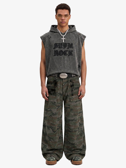 Faded Camo Graphic Wide-Leg Cargo Pants 