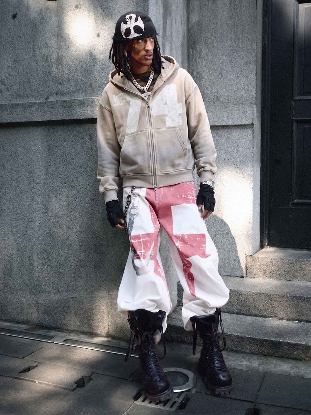 Washed Ombré Number Graphic Zip Hoodie