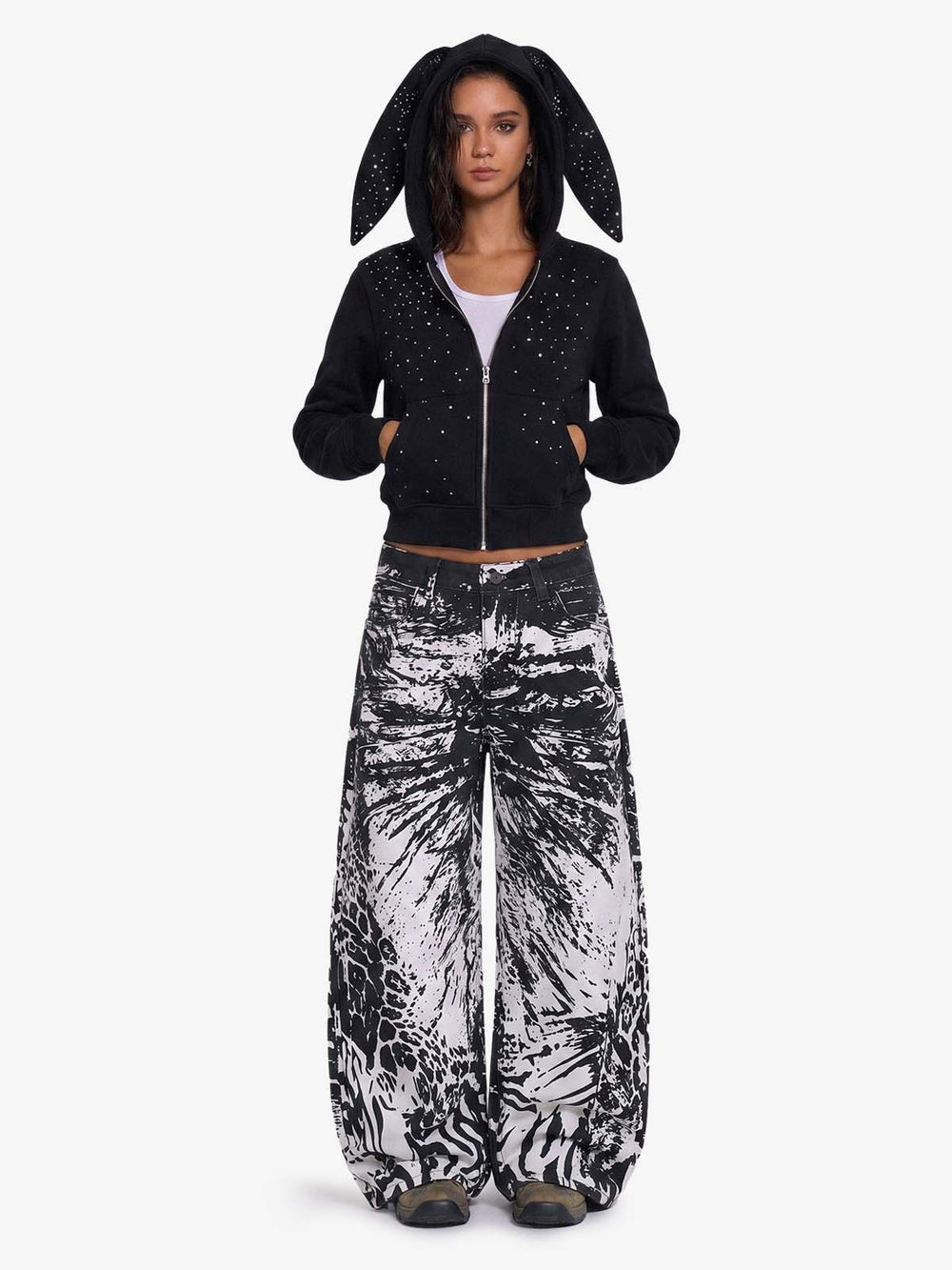 Rhinestone Bunny Ear Cropped Zip-Up Hoodie