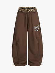 Retro Double-Waist Leopard Patch Barrel Pants - 2564 