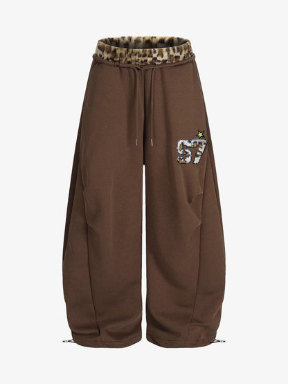 Retro Double-Waist Leopard Patch Barrel Pants 