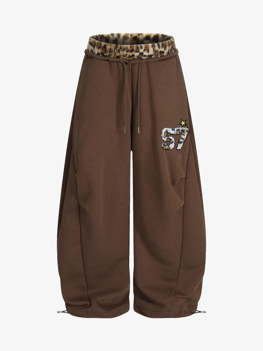 Retro Double-Waist Leopard Patch Barrel Pants 
