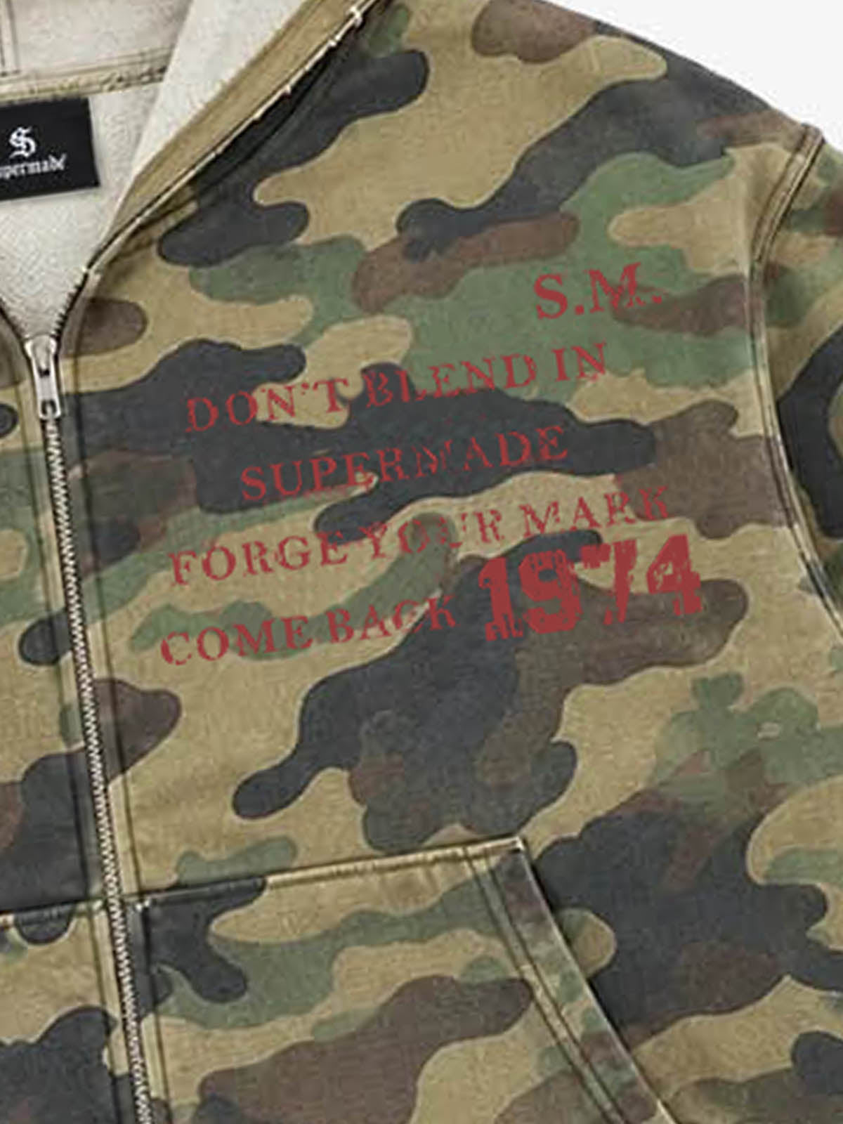 Camo Letter Graphic Distressed Zip-Up Hoodie