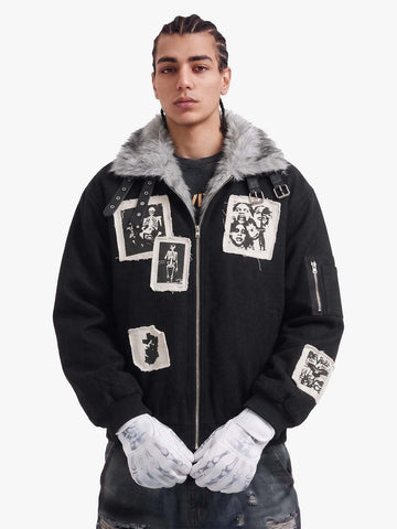Faux Fur Collar Patchwork Embroidered Quilted Jacket 