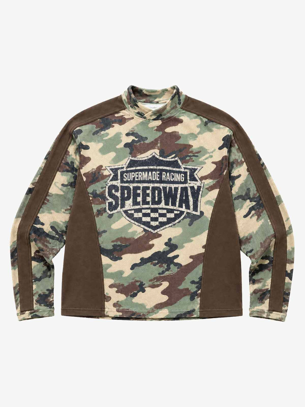 Camiseta de manga larga lavada, de gofrado con paneles y cuello alto, con estampado de carreras