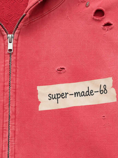 Studded Distressed Zip Hoodie