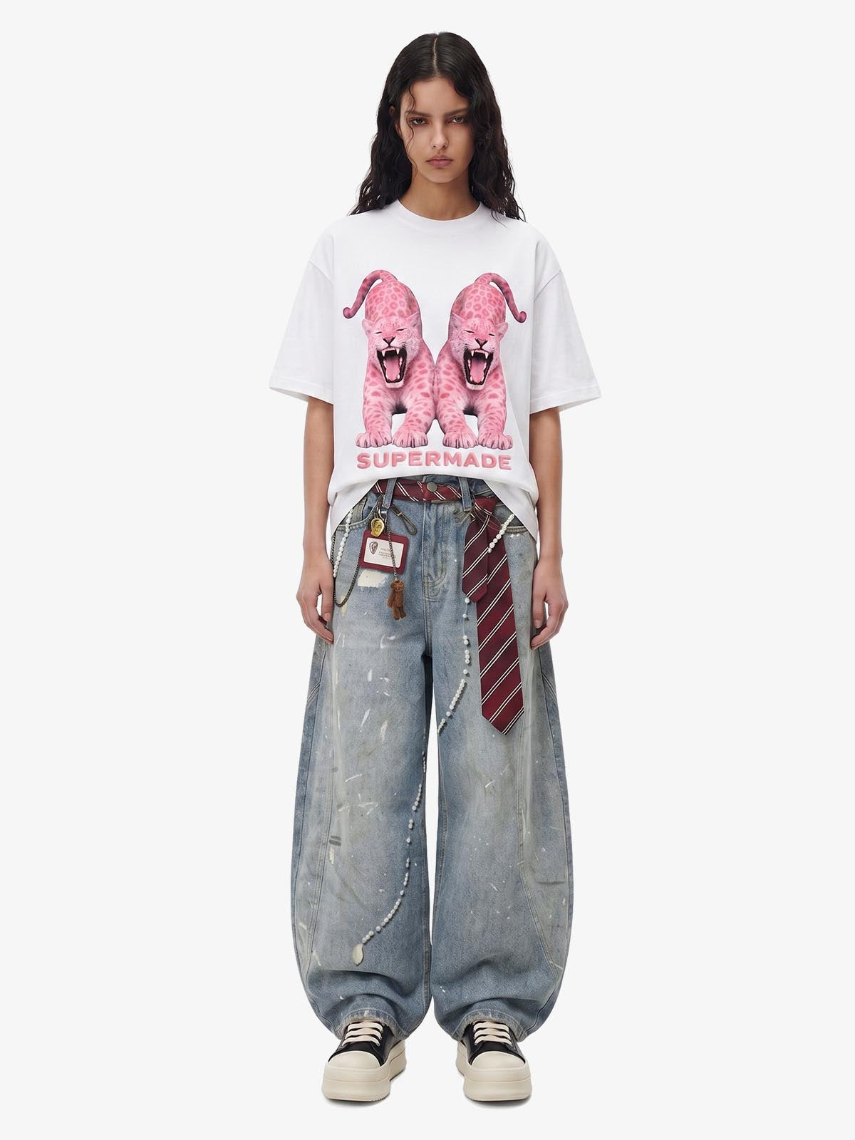 Tie Graphic Print Vintage Wash Wide Leg Denim Jeans 