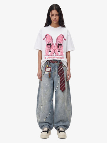 Tie Graphic Print Vintage Wash Wide Leg Denim Jeans 