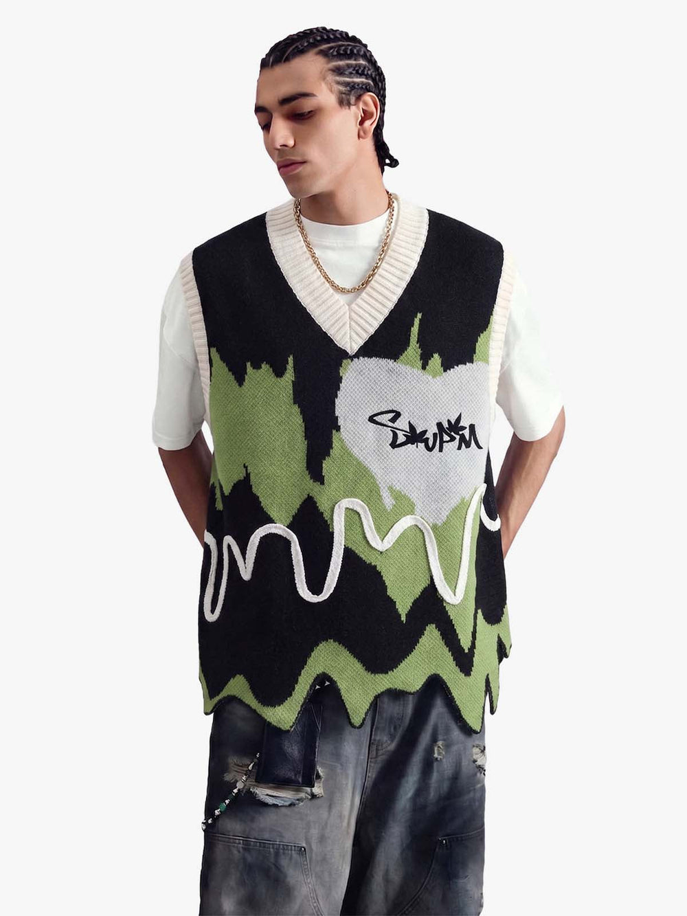 Thesupermade Graffiti Love V-neck Irregular Sweater - 1695 