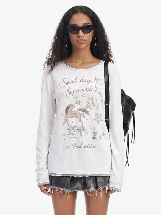 Horse Star Graphic Contrast Edge Layering T-Shirt 